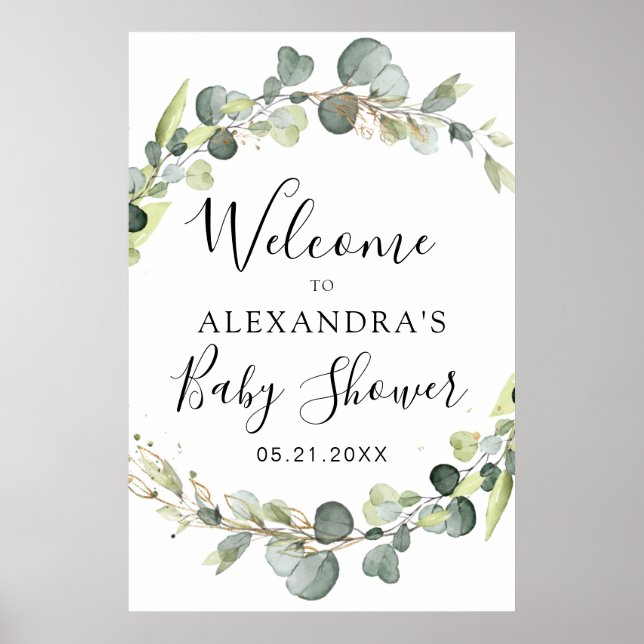 Poster Eucalyptus Sage Green Floral Baby Shower (Frente)