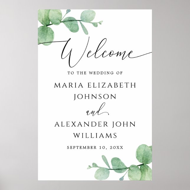 Poster Eucalyptus Wedding Welcome Sign | Elegant Script (Frente)