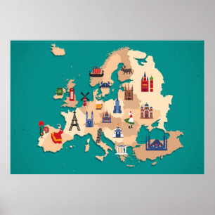 POSTER EUROPA MAPA ELEMENTOS DE ILUSTRAÇÃO DESIGN