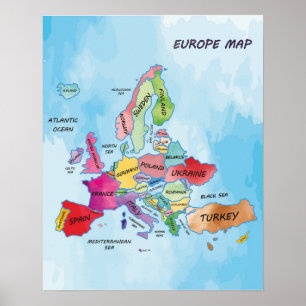 Poster Europe Map trabalho de arte de cor de água