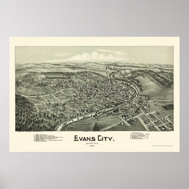 Poster Evans City, PA Panorâmica Mapa - 1900 (Frente)