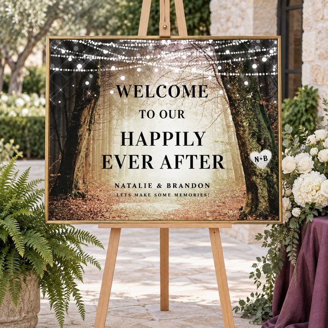 Poster Evermore | Floresta Encantada | Recepção Boas-Vind (Amber Evermore enchanted forest reception welcome poster, styled with coordinated wedding textures. Additional decorative props are not included.)