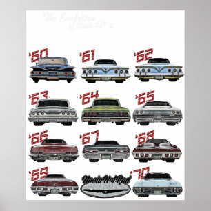 Poster Evolução do Impala dos anos 60,1960,Hot Rod,Muscle