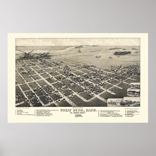 Poster Excelente Bend, Mapa Panorâmico do KS - 1882 (Frente)