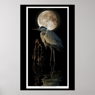 Pôster Excelente Blue Heron, Leeds & Moon Nature Art Impr