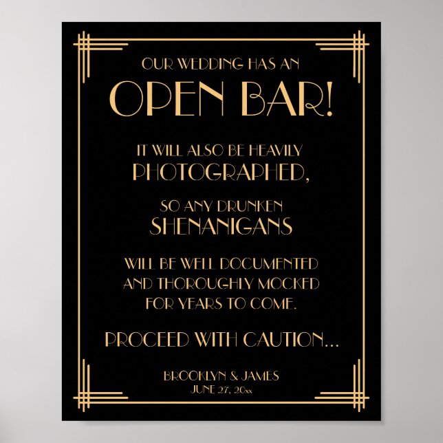 Poster Excelente de arte preta Gatsby Bar aberto Sinal 8x (Frente)