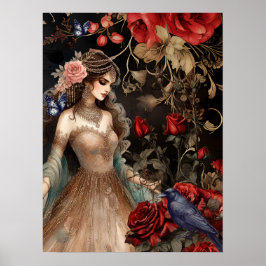 Poster Excelente Rosas vermelhas de beleza escura e Raven