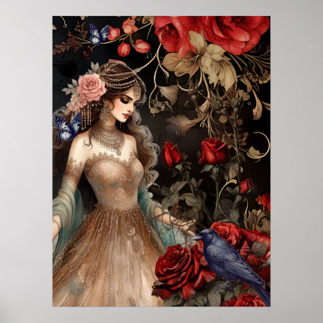 Poster Excelente Rosas vermelhas de beleza escura e Raven (Frente)