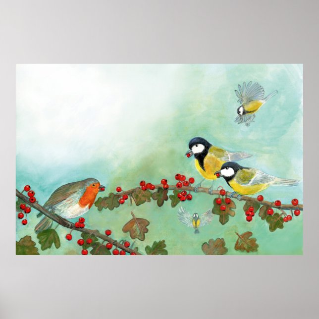 Poster Excelente Tit Birds, Red Robin e Hawthorn Berries (Frente)
