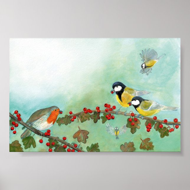 Poster Excelente Tit Birds, Red Robin e Hawthorn Berries (Frente)