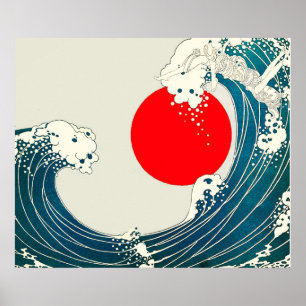 Poster EXCELENTE WAVE E VERMELHO SUN Azul Branco Náutico