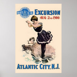 Poster Excursão de trem de 1900 B&O Atlantic City NJ