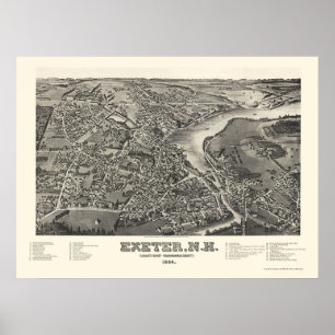 Pôster Exeter, Mapa Panorâmico NH - 1884