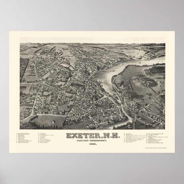 Pôster Exeter, Mapa Panorâmico NH - 1884 (Frente)