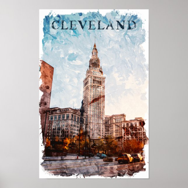 Poster Exibição de Cidade de Aquarela de Cleveland Ohio (Frente)