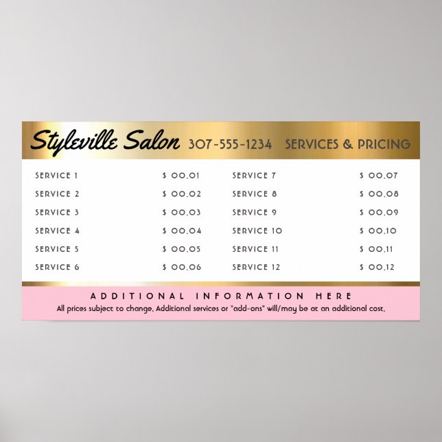 Poster Exibição de preço de serviço de salão de cabeleire (Frente)
