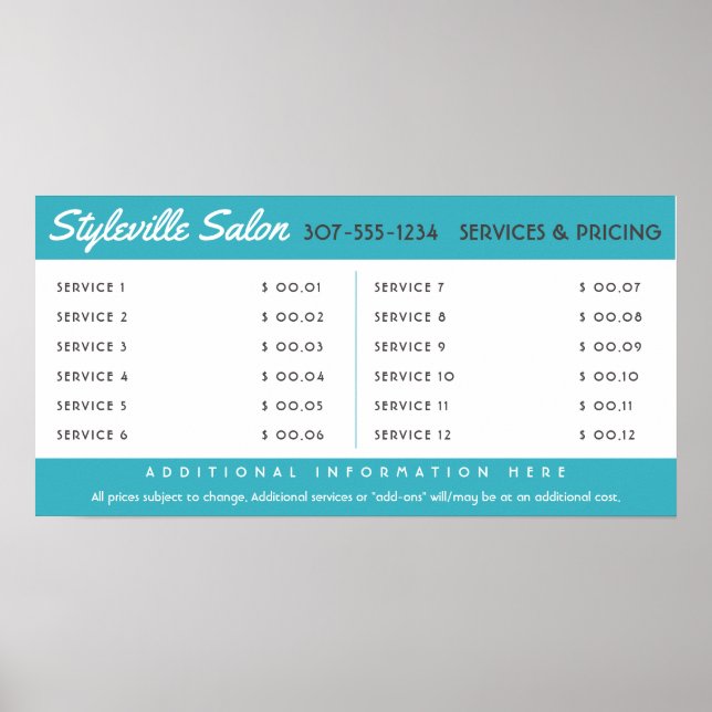 Poster Exibição de preço de serviço de salão de cabeleire (Frente)