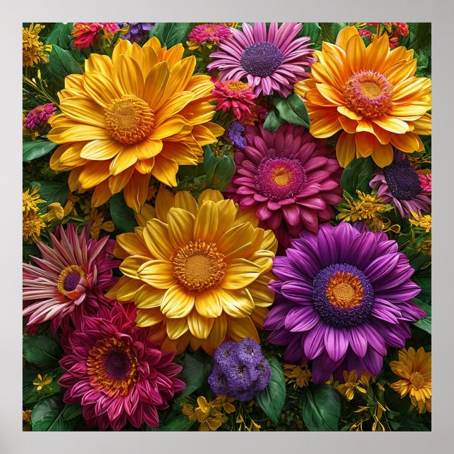 Poster Exibição Vibrante de Flores Amarelas e Roxas (Frente)