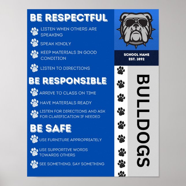 Poster Expectativas à escala da escola PBIS - Bulldog (Frente)
