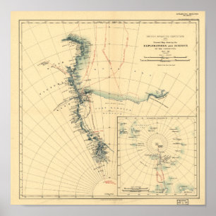 Poster Expedição antárctica e mapa antigo 1909 das