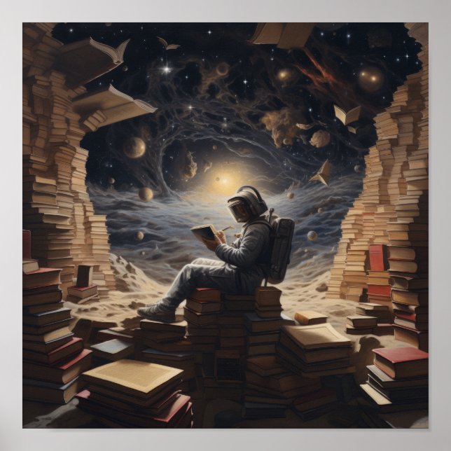 Poster Explorador Cósmico: Leitura do Astronauta no Poste (Frente)