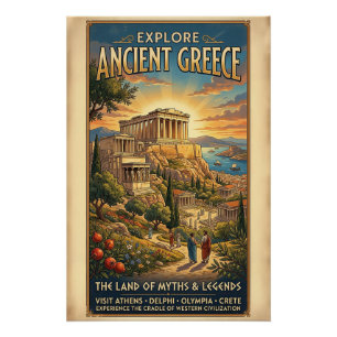 Pôster Explorar Cartaz de Viagem Vintage Grécia Antiga