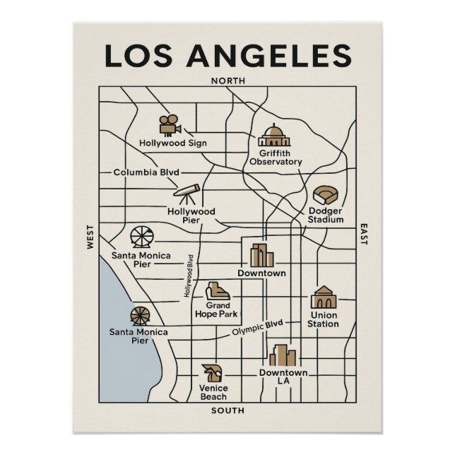 Pôster Explore Los Angeles - Poster de Mapa Icônico Minim (Frente)