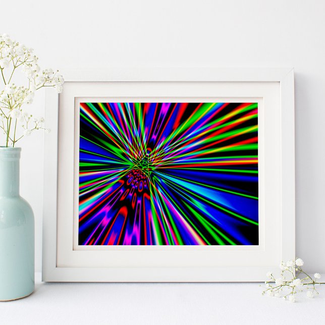 Pôster Explosão Abstrata de Arco-Íris Neon em Arte Digita (Neon Rainbow Explosion Abstract Digital Art)