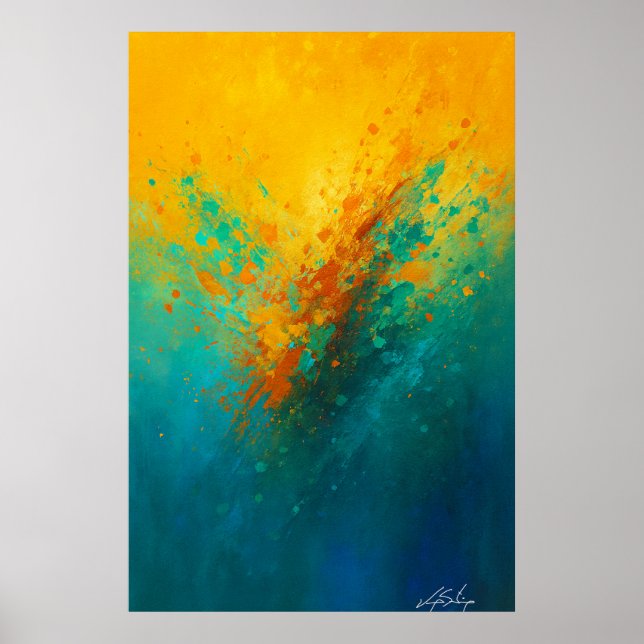 Poster Explosão Abstrata Vibrante – Amarelo, Turquesa e A (Frente)
