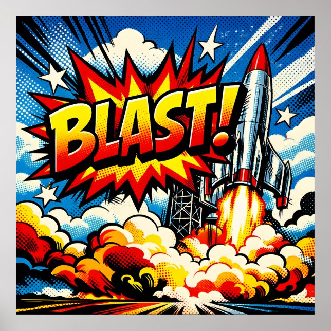 Poster EXPLOSÃO! Arte Pop Retro de Foguete Explosivo (Frente)