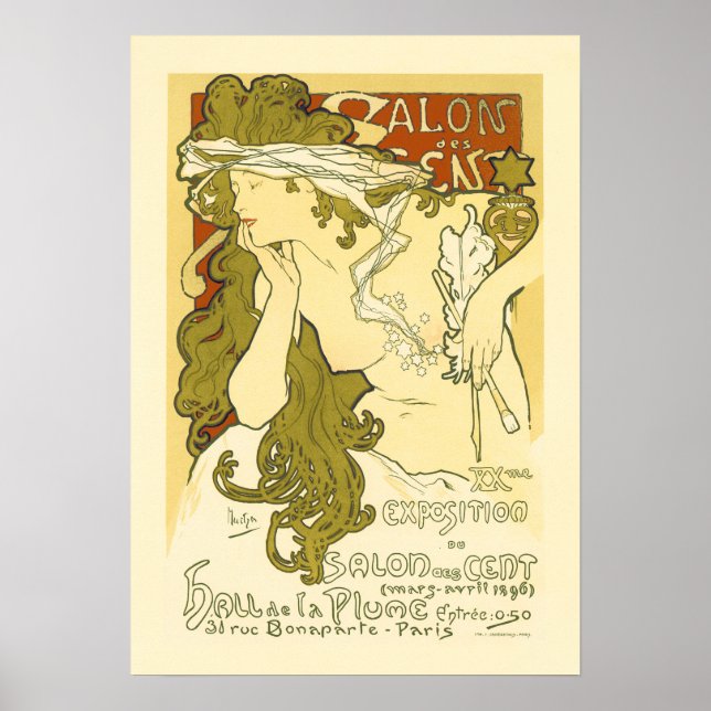 Poster EXPOSIÇÃO DE 20 SALON DES CENT 1896 Alphonse Mucha (Frente)
