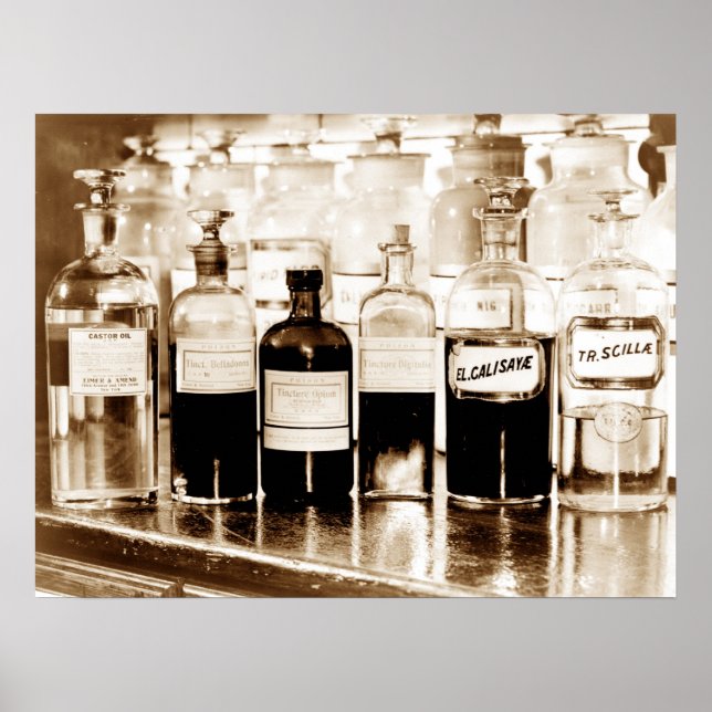 Pôster Exposição de garrafas apotecárias contendo medicam (Frente)
