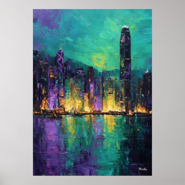 Poster Expressionist Hong Kong Skyline Neon Harbor City (Frente)