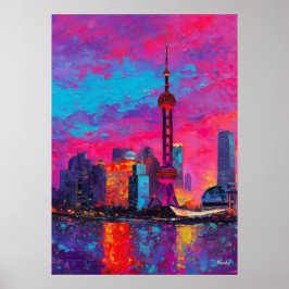 Poster Expressionist Shanghai Skyline Colorful Urban City