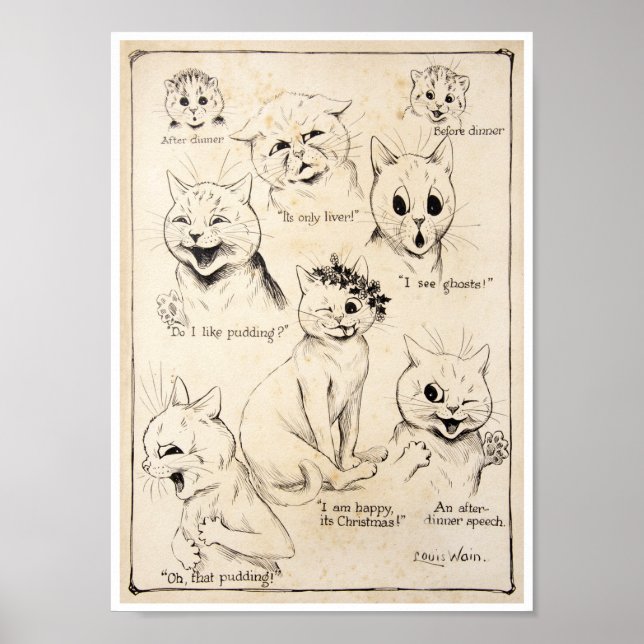 Poster Expressões Faciais de Vários Gatos, Louis Wain (Frente)