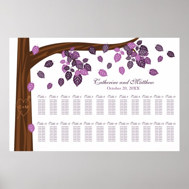 Pôster Extra Large Eggplant Autumn Wedding Seating Chart (Frente)