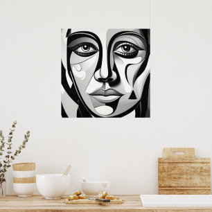 Poster Face Abstrato de preto e branco moderno