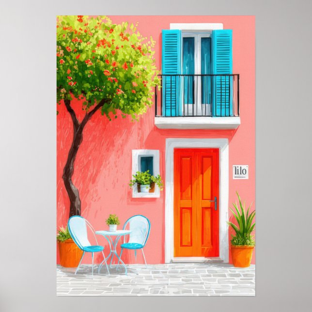 Poster Fachada italiana com uma árvore florida (Frente)