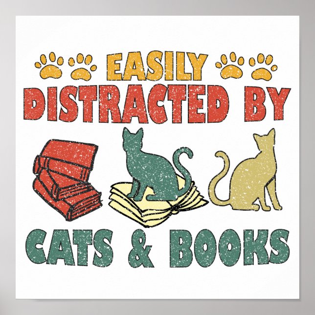 Poster Facilmente Distraído Por Gatos E Livros (Frente)