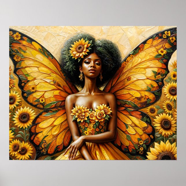 Poster Fada Afro-Americana com Arte Afro e Girassol (Frente)