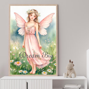 Poster Fada aguarela rosa em parede de prado de flores si
