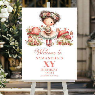 Poster Fada Caprichosa 1º Aniversário Flores Rosadas Bem-