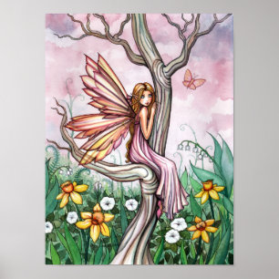 Pôster Fada das Flores da Primavera Narcisos e Borboleta