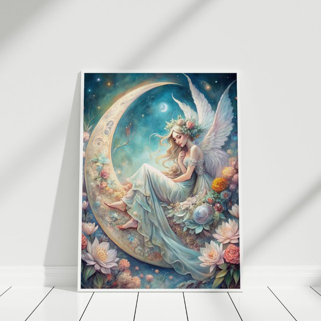 Poster Fada de Flor de Lua (Moonlight Blossom Fairy Poster in a white wooden frame)