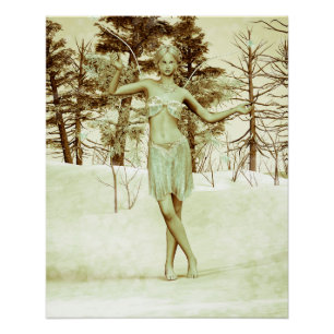 Pôster Fada de Inverno na Floresta Nevada Arte Fantasia