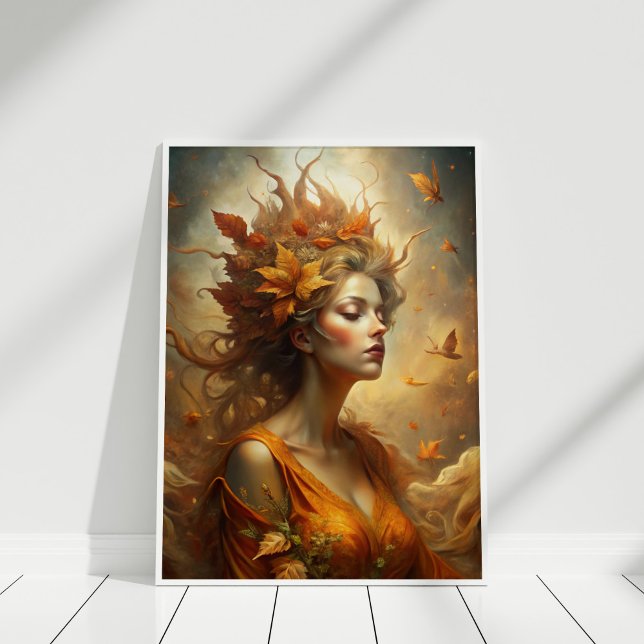 Poster Fada de outono - Arte de Muro Místico (Autumn Forest Fairy – Mystical Fall Wall Art in a white wooden frame)