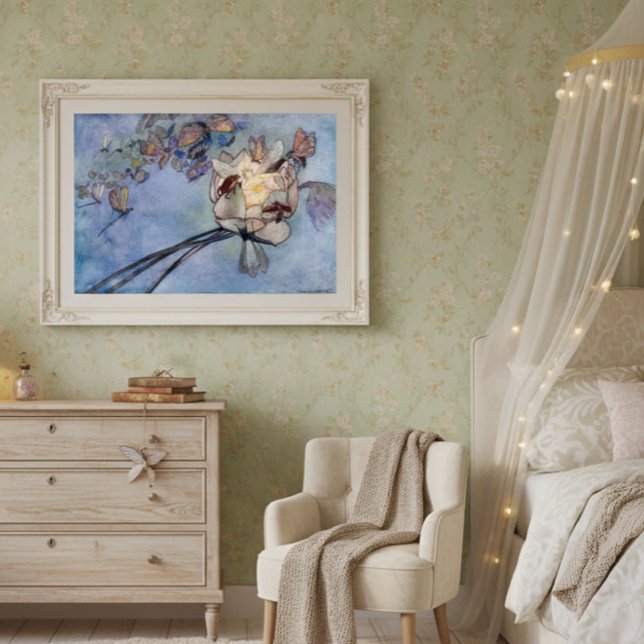 Poster Fada e borboletas de flores por Warwick Goble (Criador carregado)