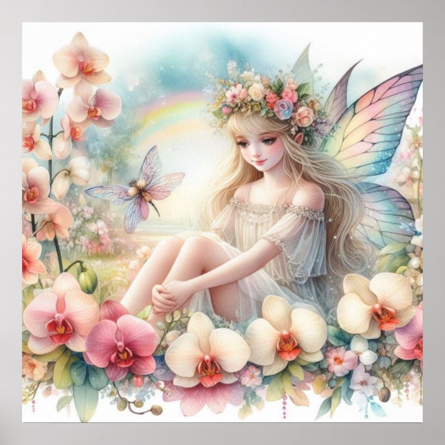 Poster Fada e flores em cores pastéis aquarela (Frente)