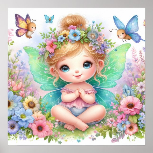 Poster Fada e flores na terra das fadas pastel aquarela (Frente)