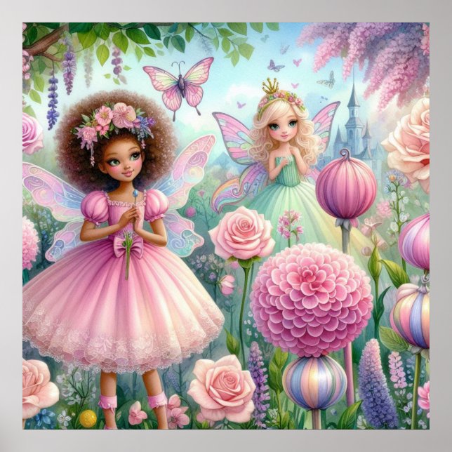 Poster Fada e flores na terra das fadas pastel aquarela (Frente)